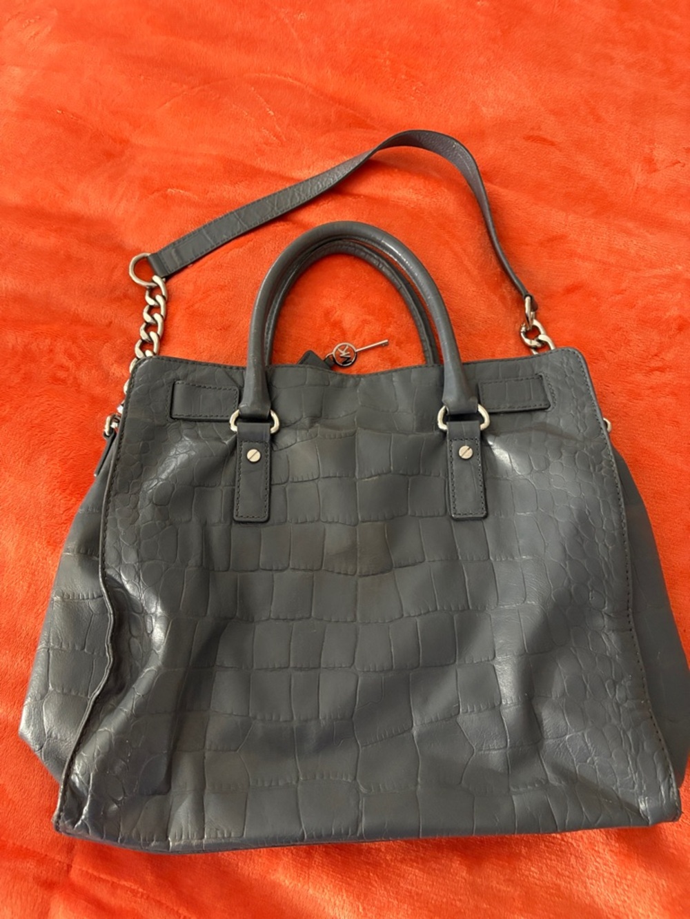 Michael Kors Dark Gray Croc-Embossed Leather Satchel with Gold Hardware - Picture 4 of 4